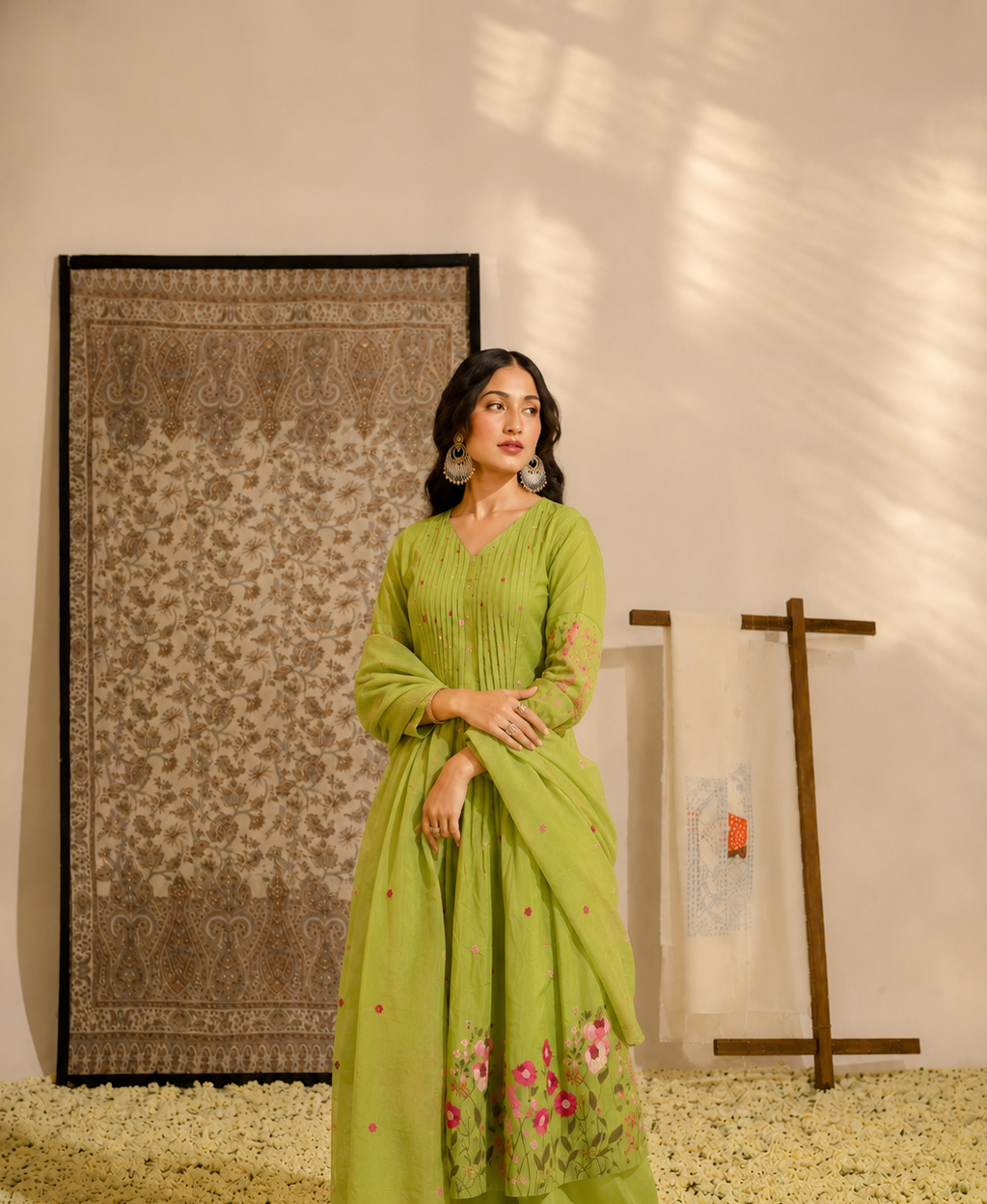 Pistachio-Bloom - Embroidered  Cotton Suit Set with Dupatta
