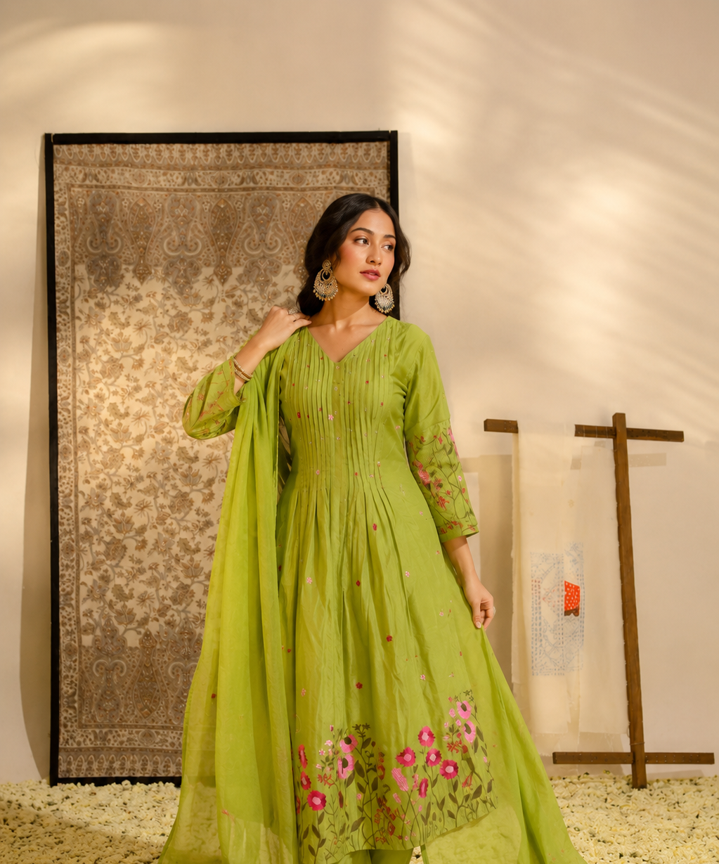 Pistachio-Bloom - Embroidered  Cotton Suit Set with Dupatta