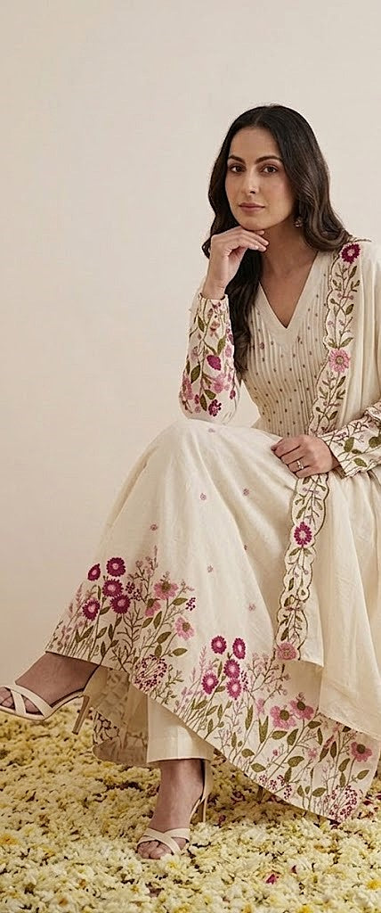 Nazaakat-Ivory-Bloom - Embroidered Mul Cotton Suit Set with Dupatta