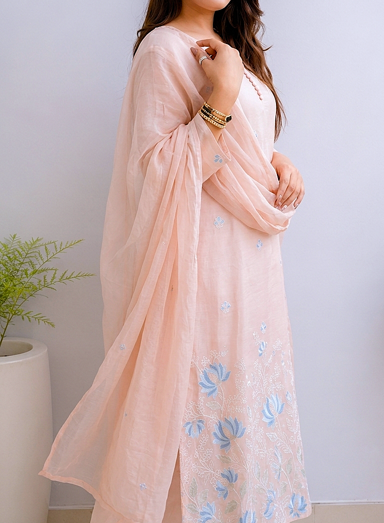 Soft Pastel Elegance  -  Embroidered Kurta  pant Set with Dupatta