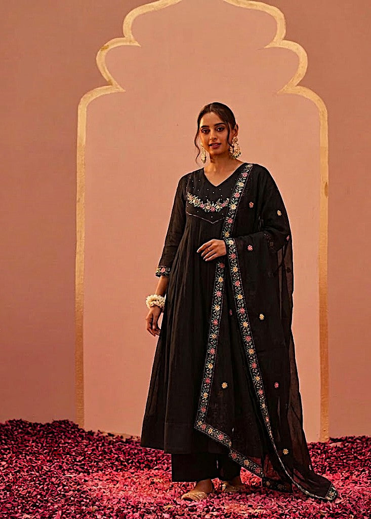 Siyah Gul -BLACK  Floral Embroidered Kurta Plazo Set with Dupatta
