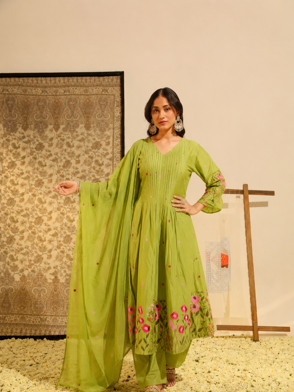 Pistachio-Bloom - Embroidered  Cotton Suit Set with Dupatta