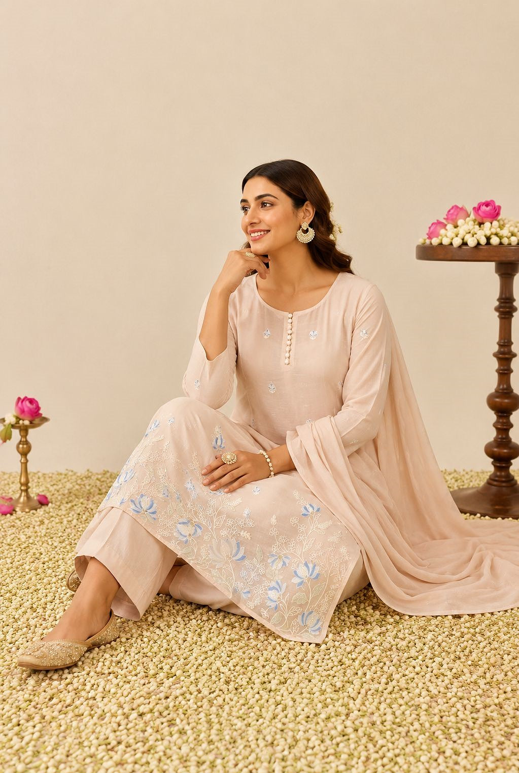 Soft Pastel Elegance  -  Embroidered Kurta  pant Set with Dupatta