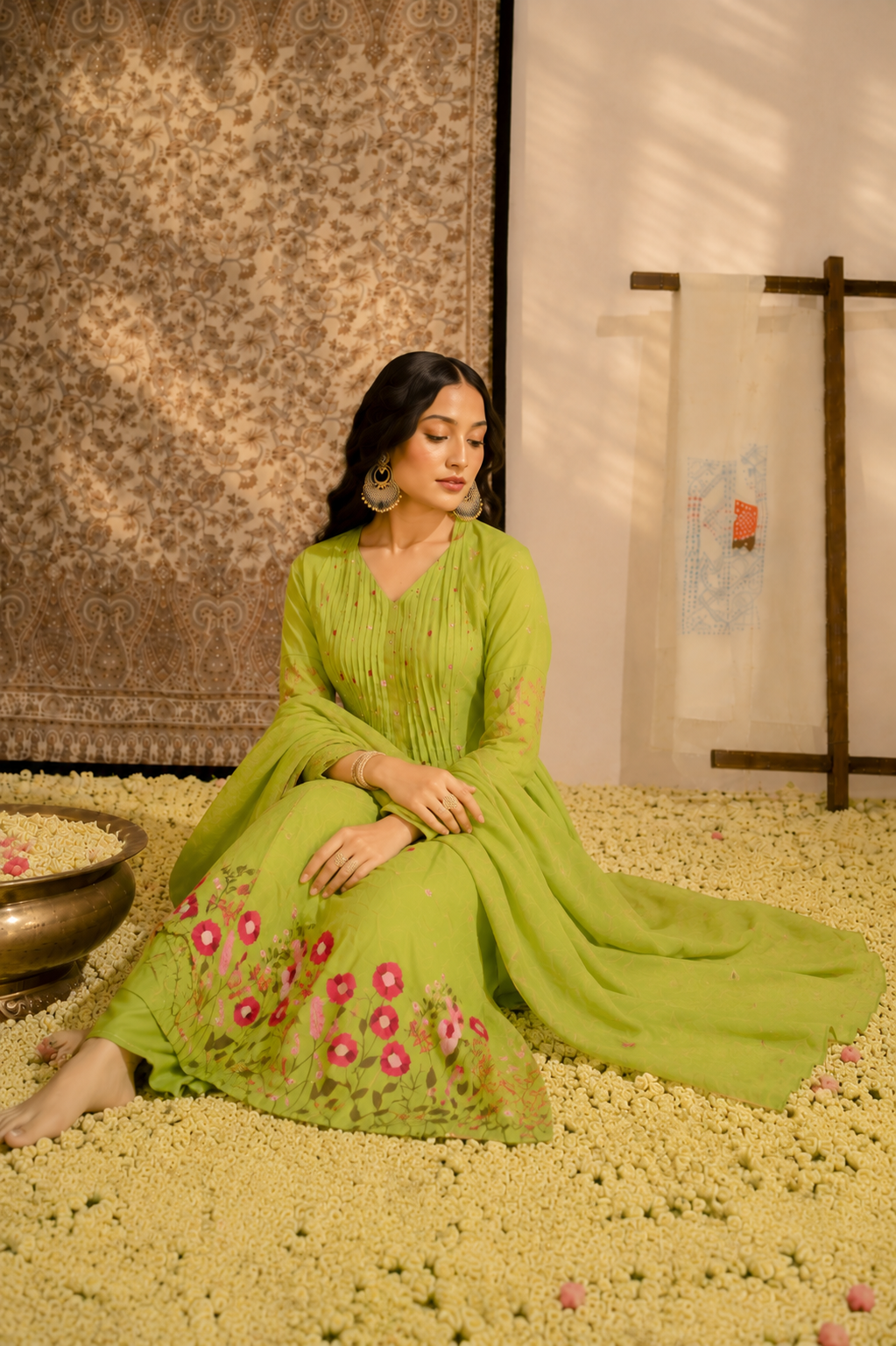 Pistachio-Bloom - Embroidered  Cotton Suit Set with Dupatta