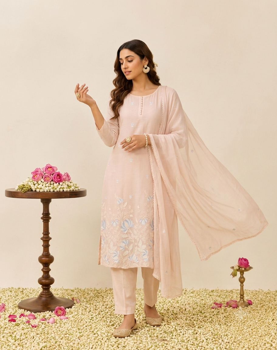 Soft Pastel Elegance  -  Embroidered Kurta  pant Set with Dupatta