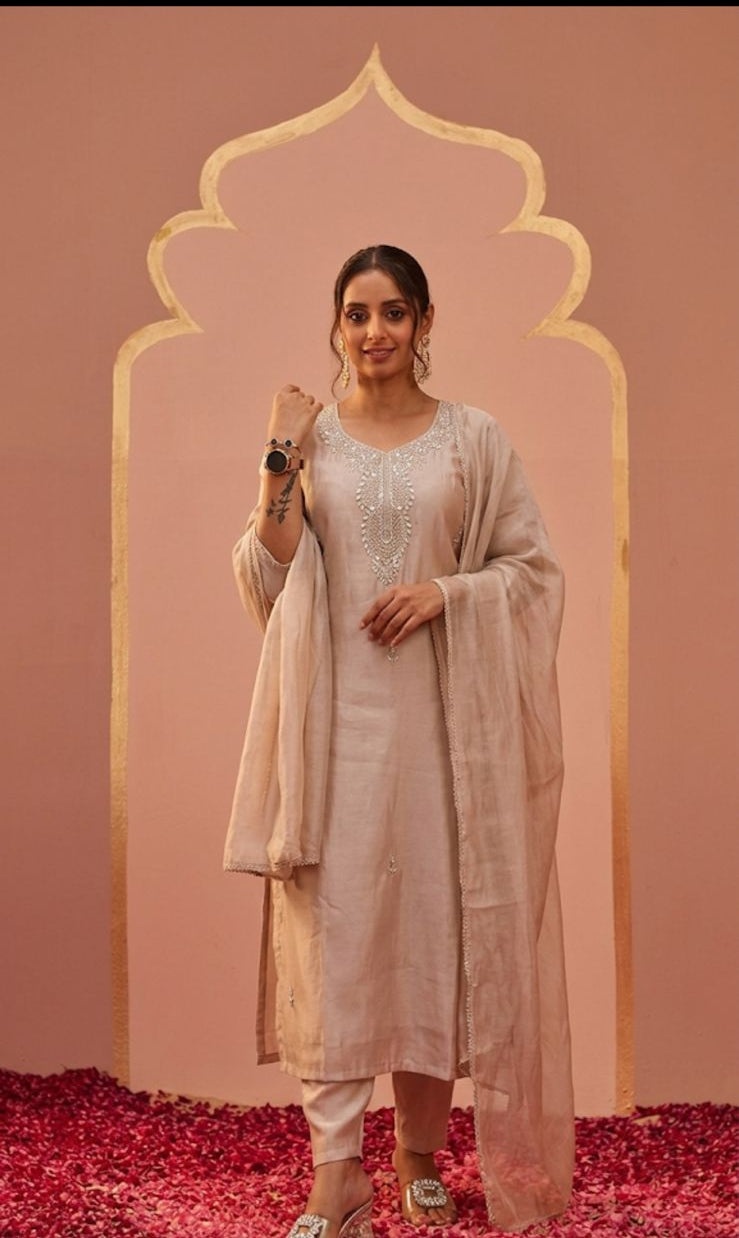 Liorvella | Blush Beige Elan  - Crafted in Pure Mul Chanderi Embroidered 3-piece suit set