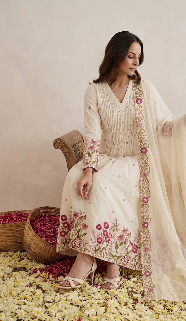 Nazaakat-Ivory-Bloom - Embroidered Mul Cotton Suit Set with Dupatta