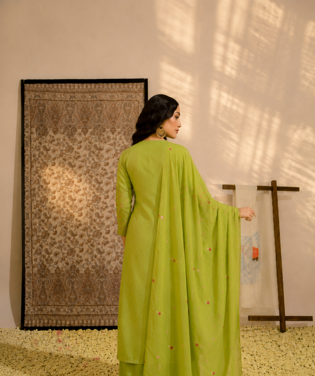 Pistachio-Bloom - Embroidered  Cotton Suit Set with Dupatta