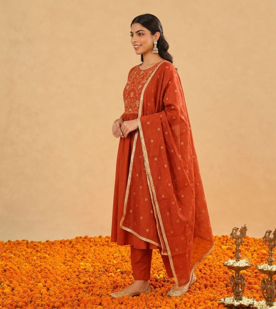 Kesari Noor - Rust Embroidered Kurta  pant Set with Dupatta