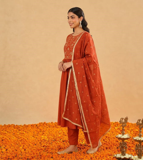 Kesari Noor - Rust Embroidered Kurta  pant Set with Dupatta