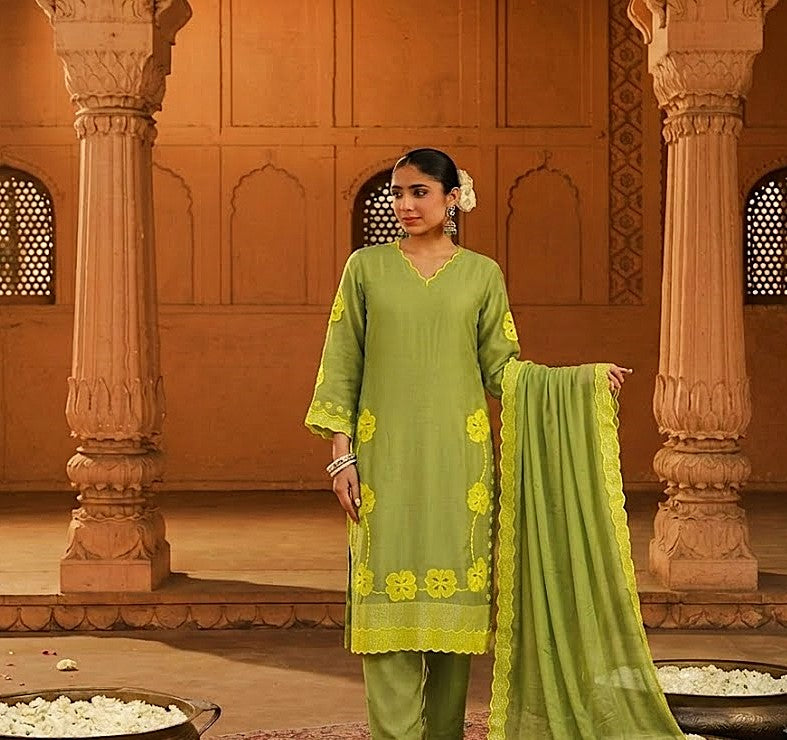 Zayra Olive Elegance -  Embroidered Kurta  pant Set with Dupatta