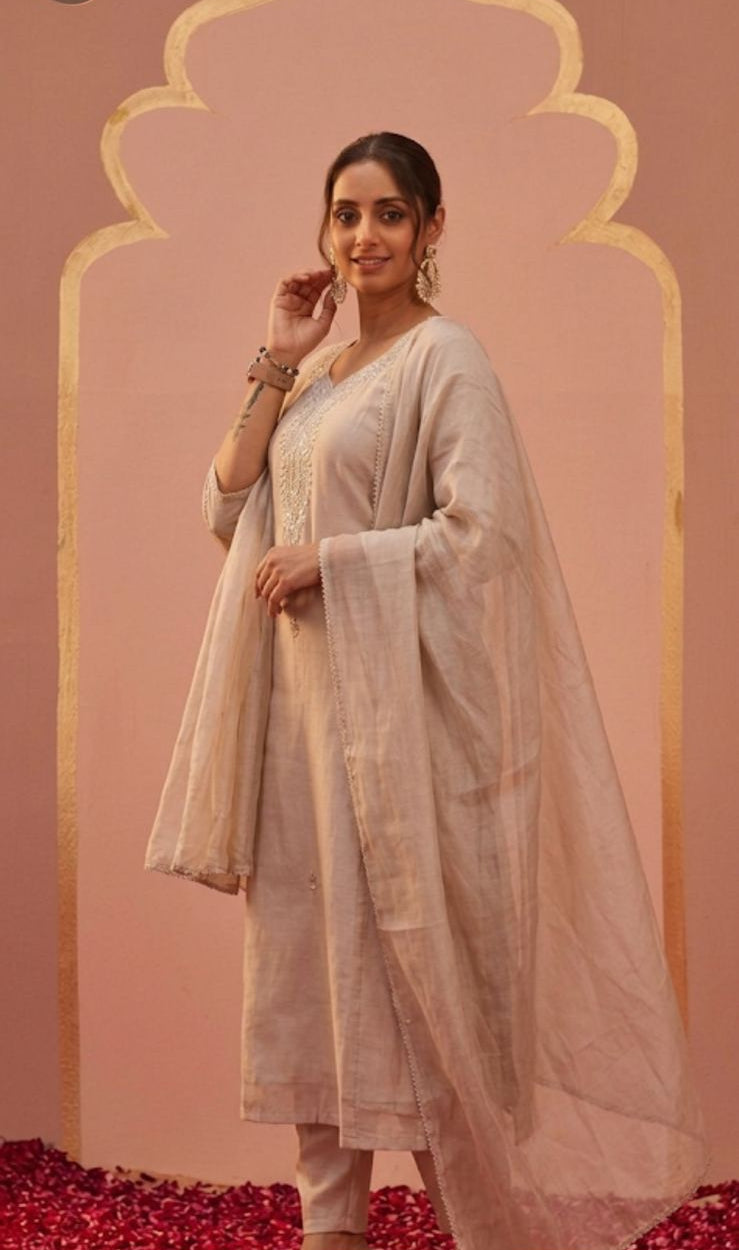 Liorvella | Blush Beige Elan  - Crafted in Pure Mul Chanderi Embroidered 3-piece suit set