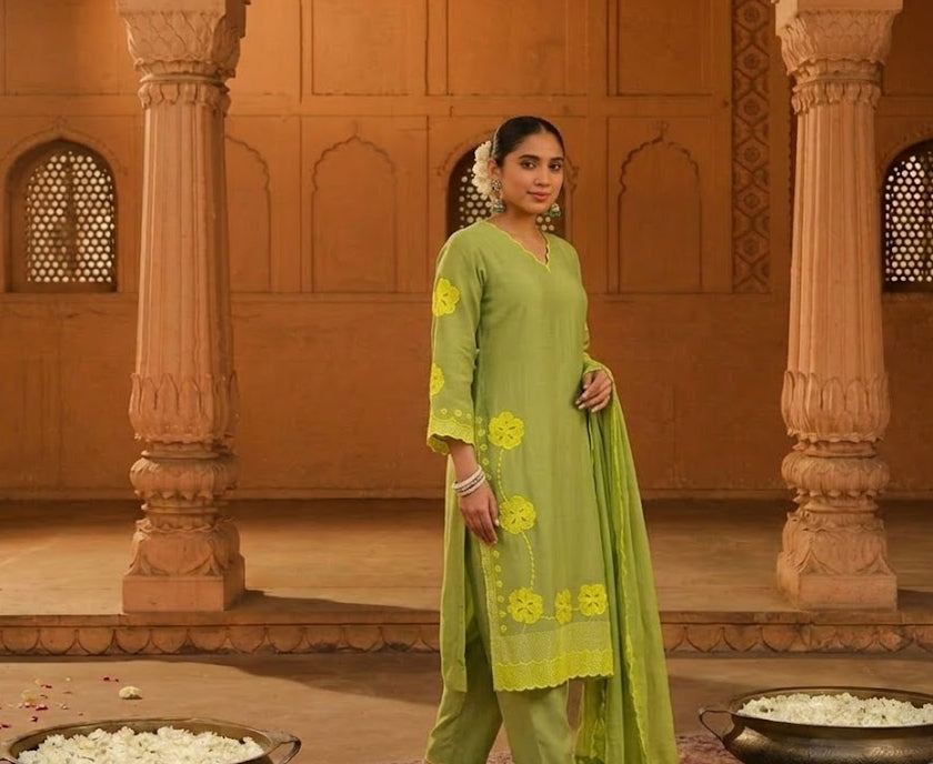 Zayra Olive Elegance -  Embroidered Kurta  pant Set with Dupatta
