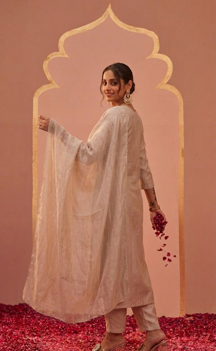 Liorvella | Blush Beige Elan  - Crafted in Pure Mul Chanderi Embroidered 3-piece suit set