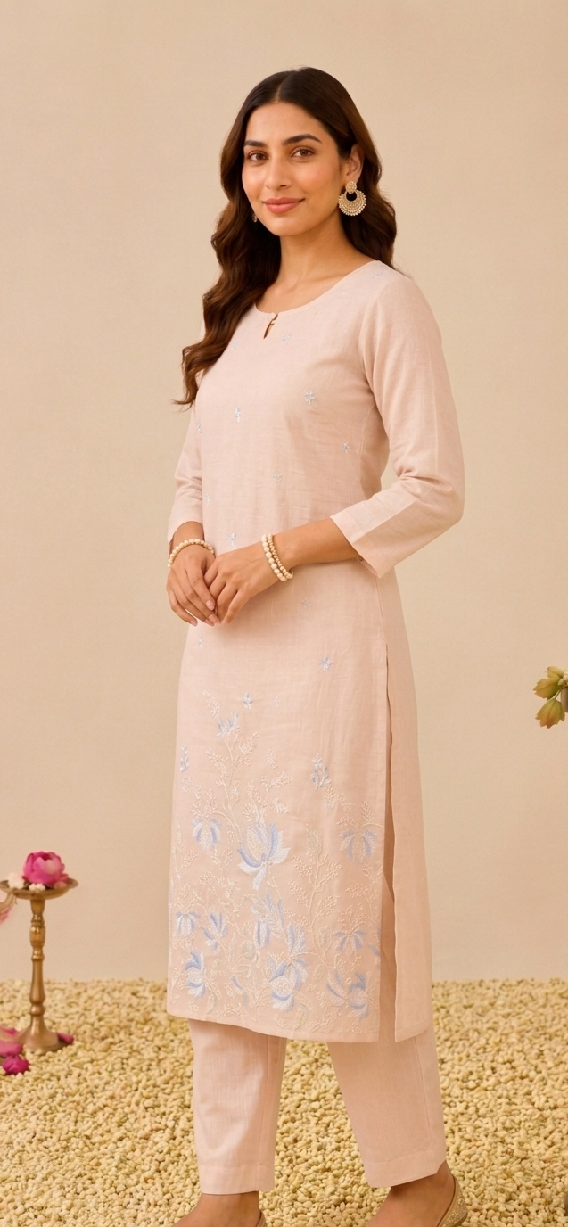 Soft Pastel Elegance  -  Embroidered Kurta  pant Set with Dupatta