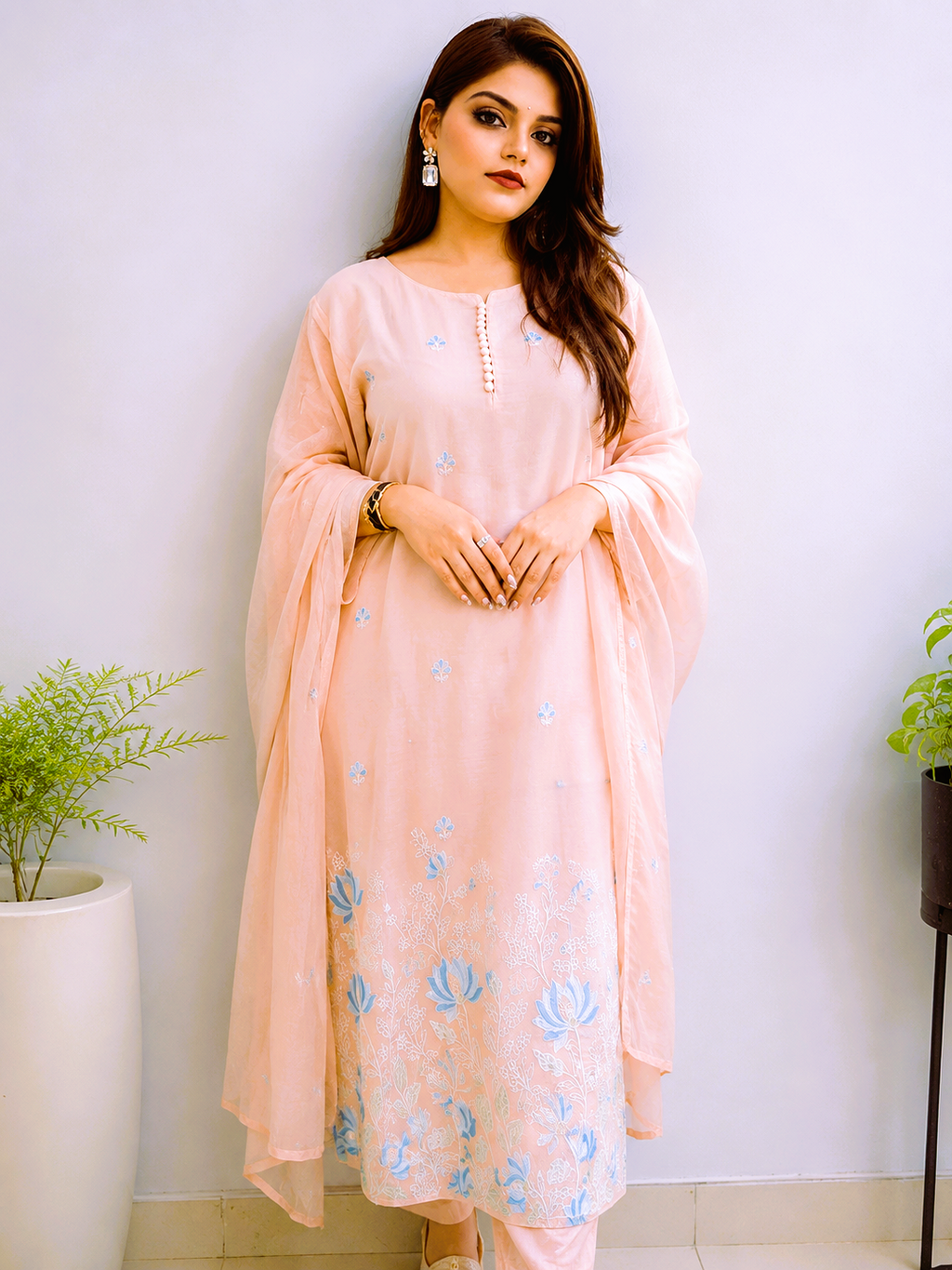Soft Pastel Elegance  -  Embroidered Kurta  pant Set with Dupatta
