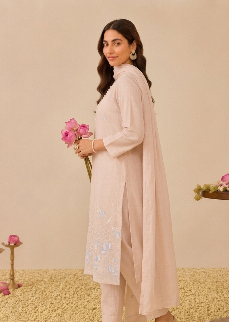 Soft Pastel Elegance  -  Embroidered Kurta  pant Set with Dupatta