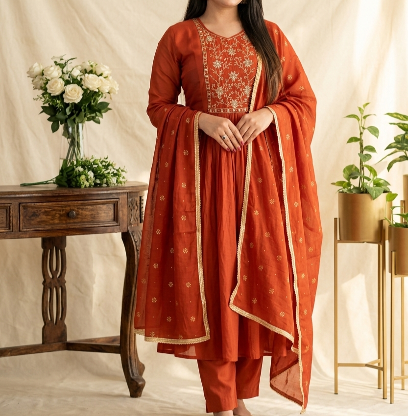 Kesari Noor - Rust Embroidered Kurta  pant Set with Dupatta