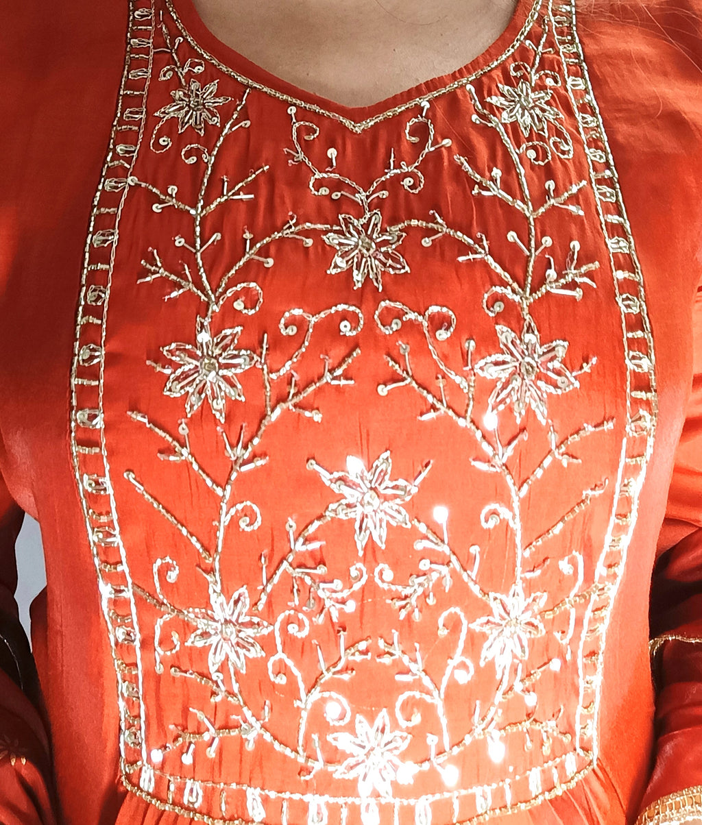 Kesari Noor - Rust Embroidered Kurta  pant Set with Dupatta