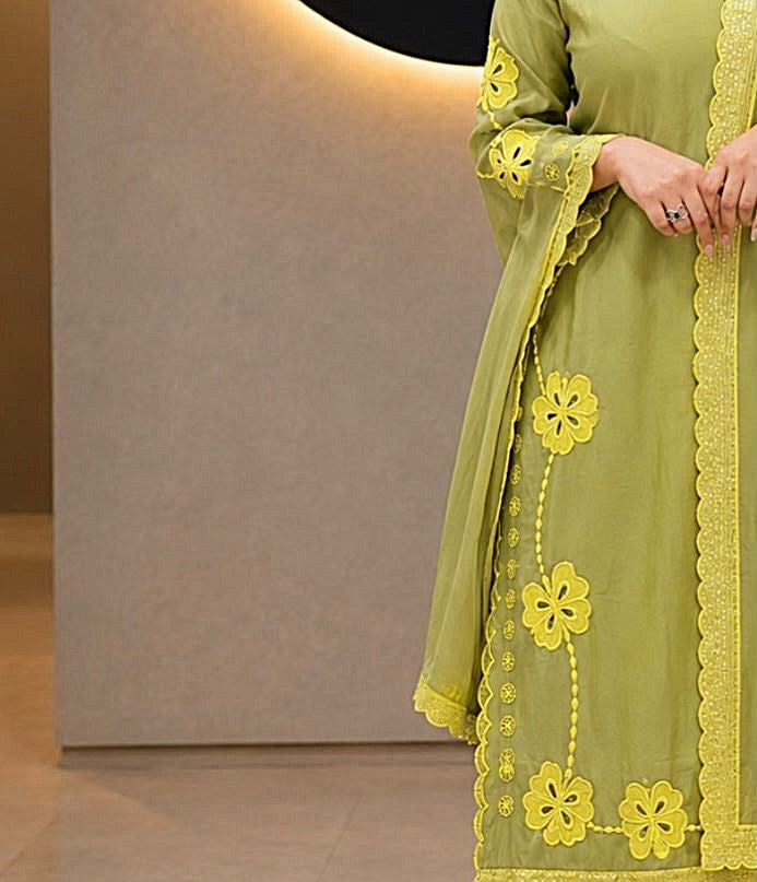 Zayra Olive Elegance -  Embroidered Kurta  pant Set with Dupatta