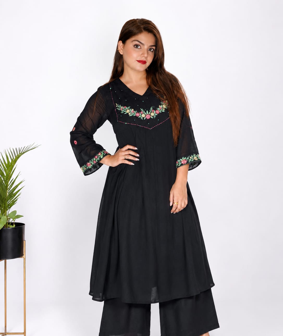 Siyah Gul -BLACK  Floral Embroidered Kurta Plazo Set with Dupatta
