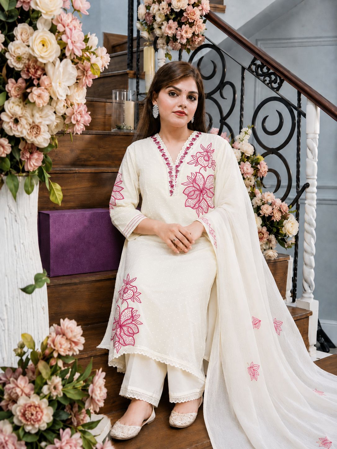 Liorvella Gulnaar Ivory Embroidered Kurta Set with Plazzo &  Dupatta