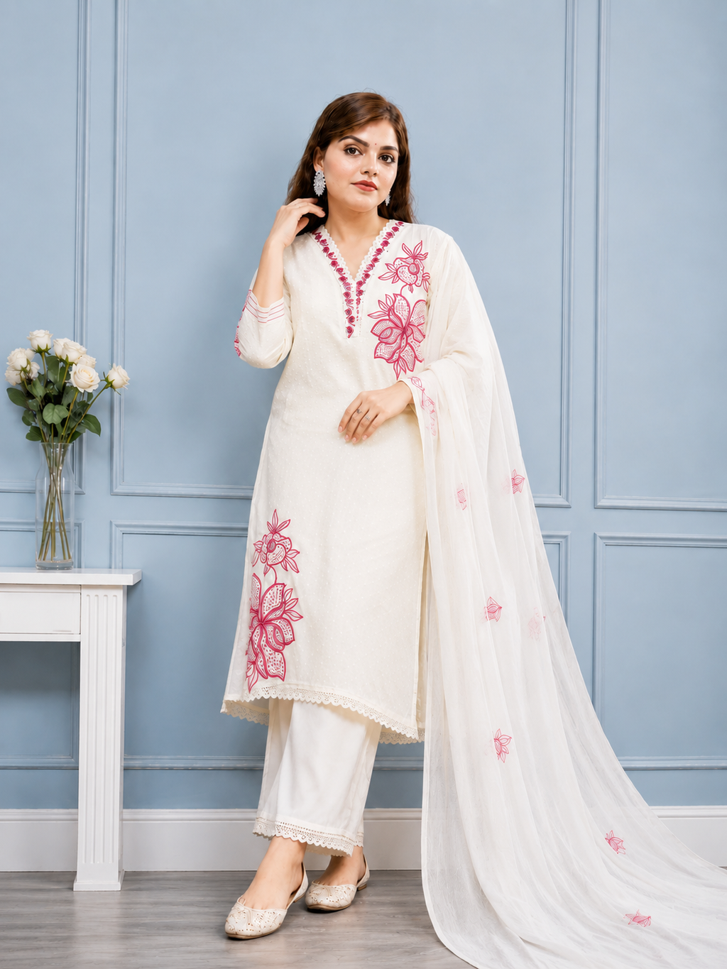 Liorvella Gulnaar Ivory Embroidered Kurta Set with Plazzo &  Dupatta