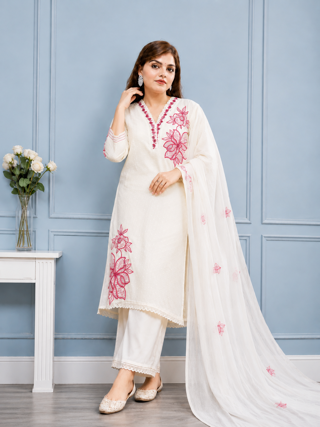 Liorvella Gulnaar Ivory Embroidered Kurta Set with Plazzo &  Dupatta