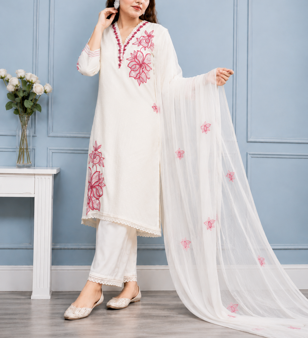 Liorvella Gulnaar Ivory Embroidered Kurta Set with Plazzo &  Dupatta