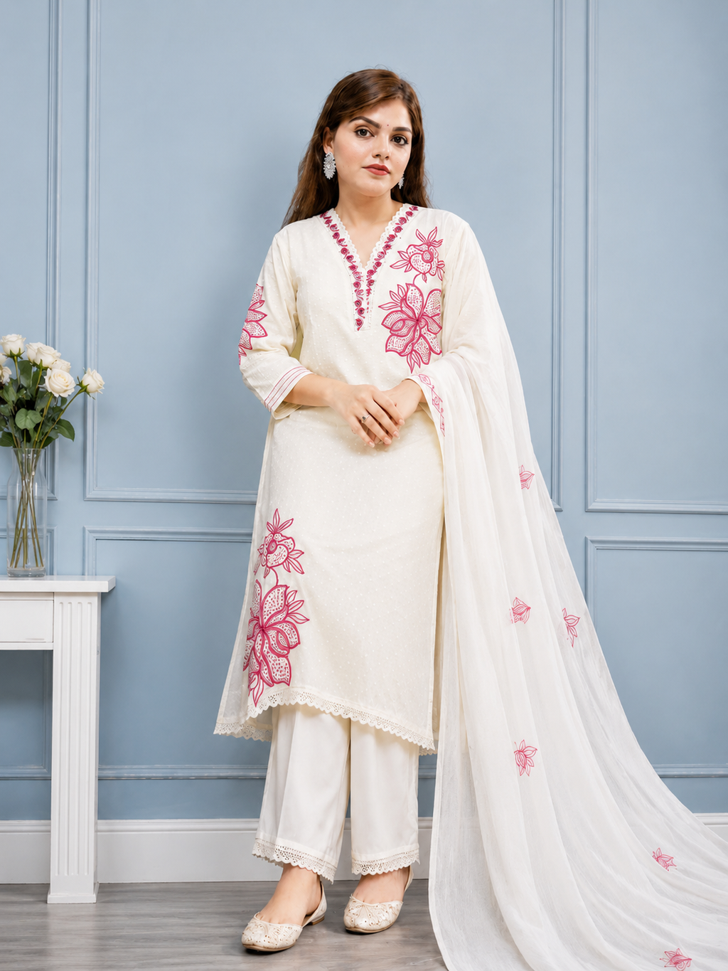 Liorvella Gulnaar Ivory Embroidered Kurta Set with Plazzo &  Dupatta