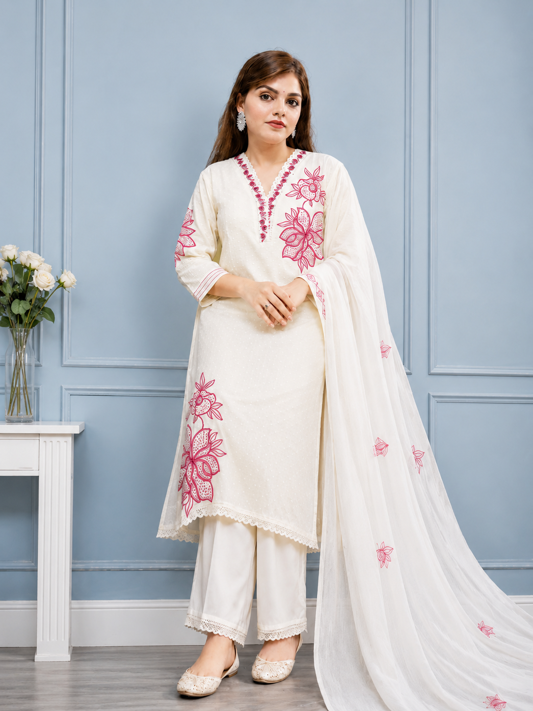 Liorvella Gulnaar Ivory Embroidered Kurta Set with Plazzo &  Dupatta