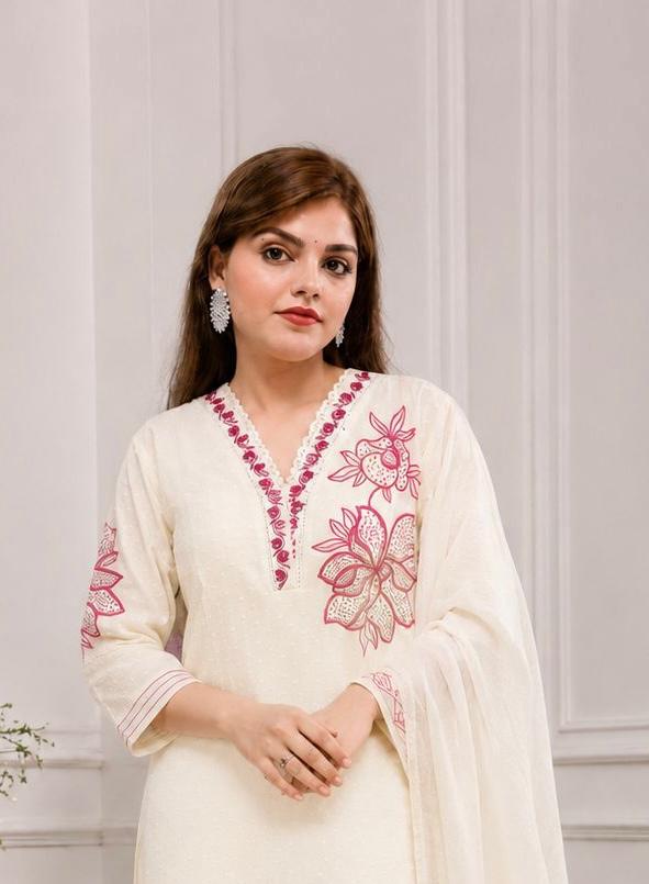 Liorvella Gulnaar Ivory Embroidered Kurta Set with Plazzo &  Dupatta