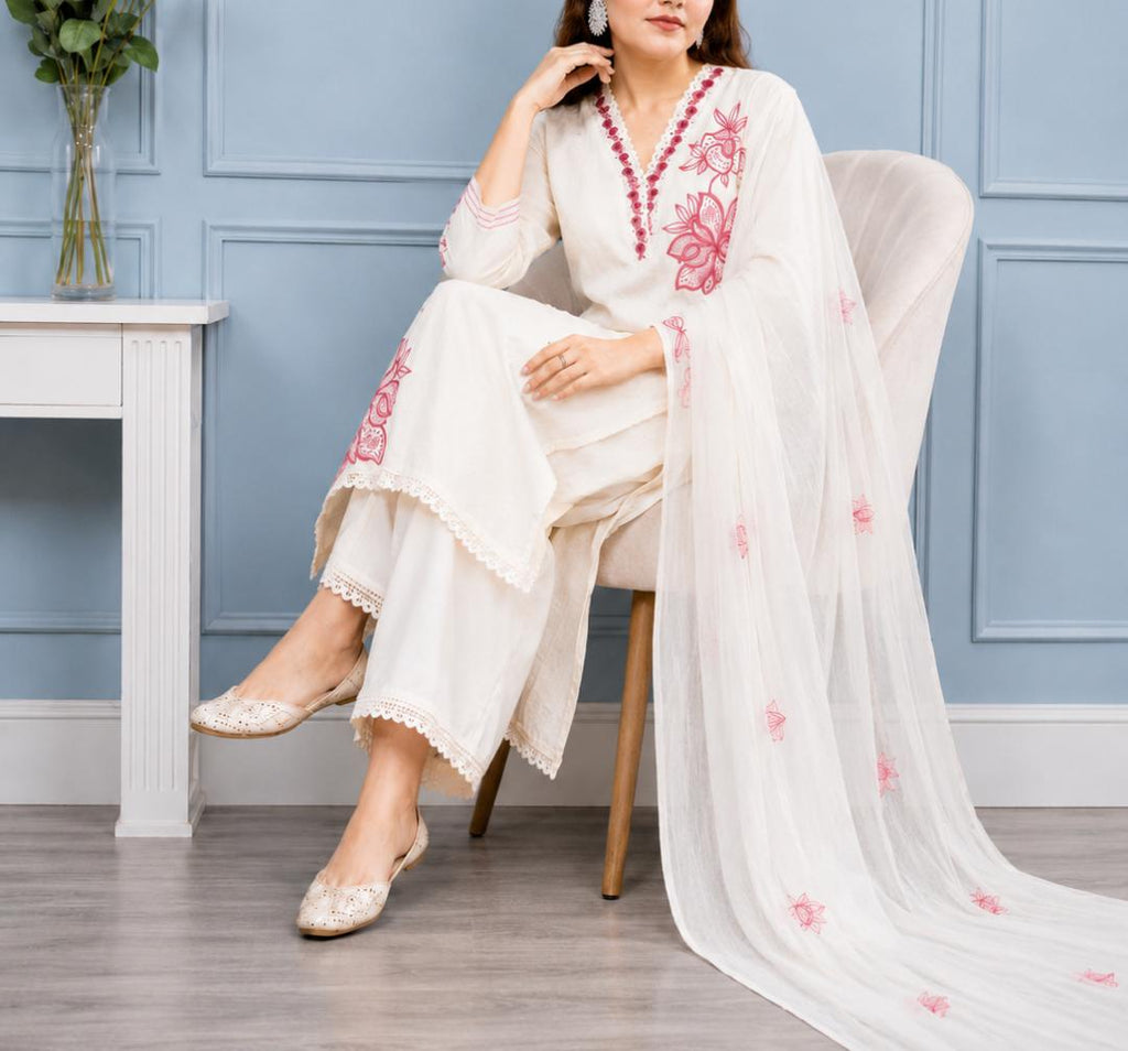 Liorvella Gulnaar Ivory Embroidered Kurta Set with Plazzo &  Dupatta