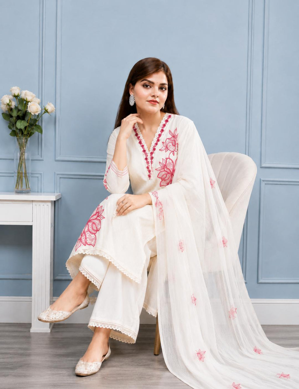 Liorvella Gulnaar Ivory Embroidered Kurta Set with Plazzo &  Dupatta