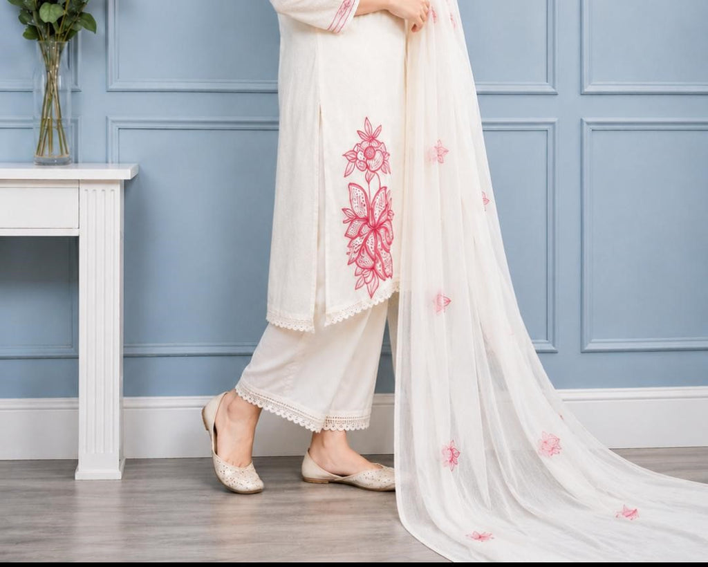 Liorvella Gulnaar Ivory Embroidered Kurta Set with Plazzo &  Dupatta