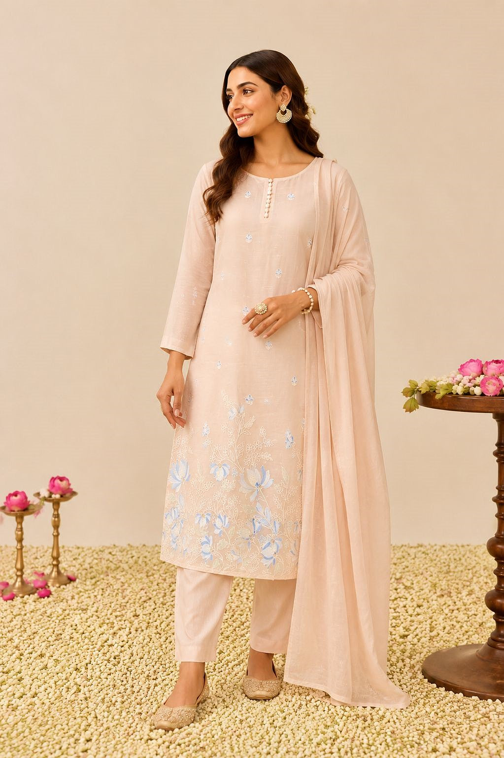Soft Pastel Elegance  -  Embroidered Kurta  pant Set with Dupatta