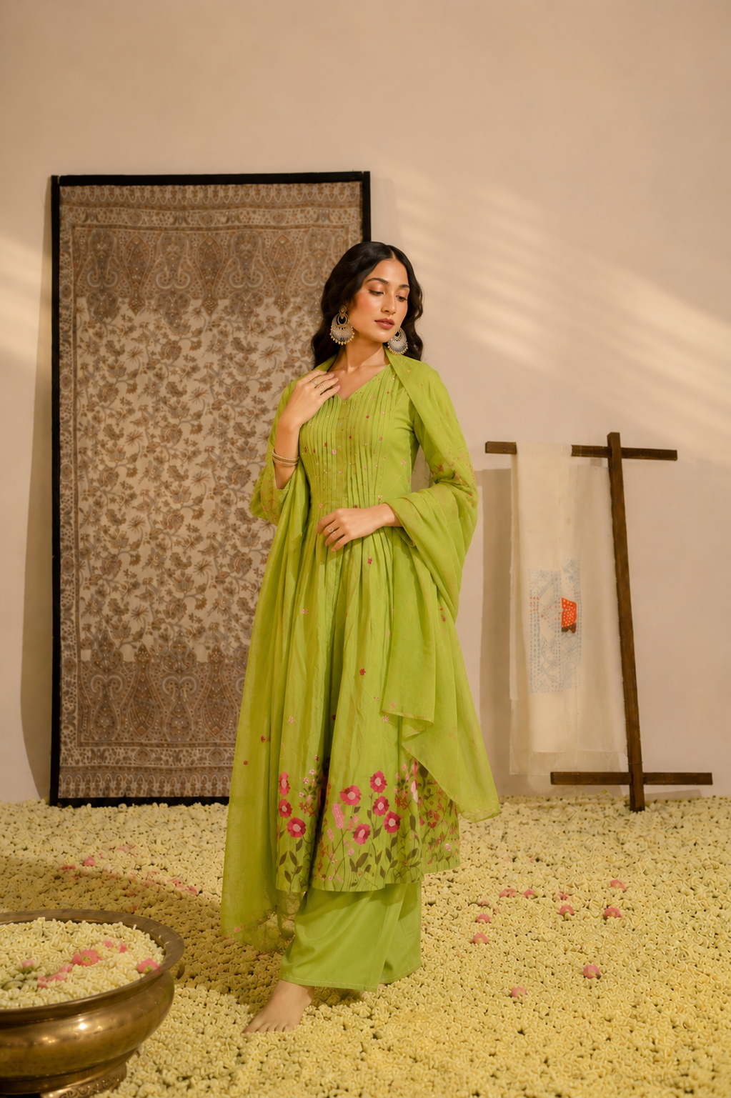 Pistachio-Bloom - Embroidered  Cotton Suit Set with Dupatta