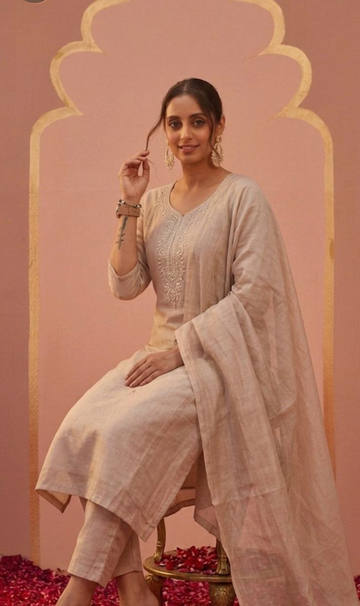 Liorvella | Blush Beige Elan  - Crafted in Pure Mul Chanderi Embroidered 3-piece suit set