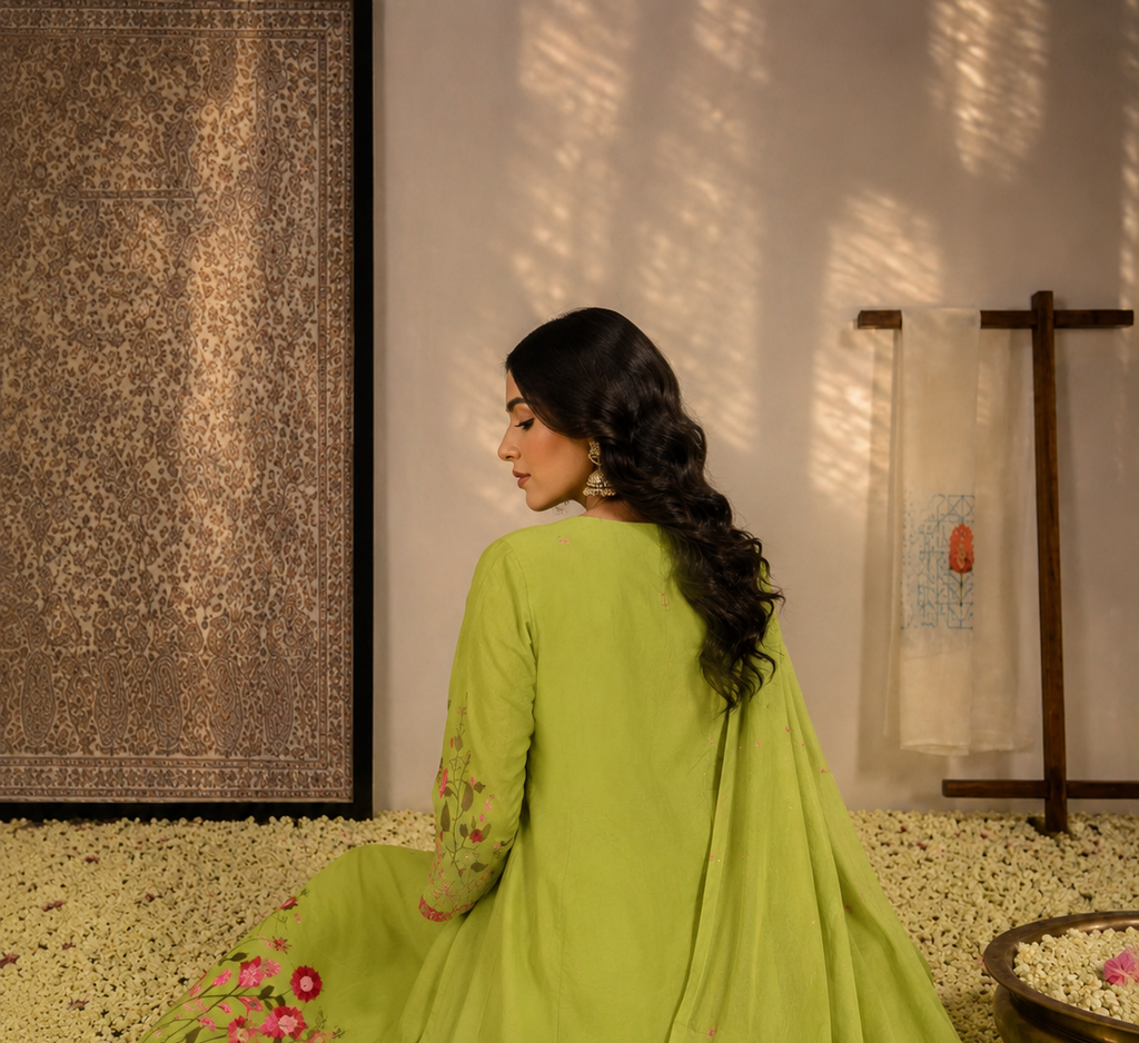 Pistachio-Bloom - Embroidered  Cotton Suit Set with Dupatta