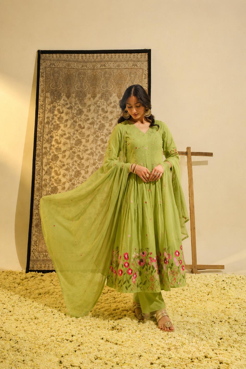 Pistachio-Bloom - Embroidered  Cotton Suit Set with Dupatta