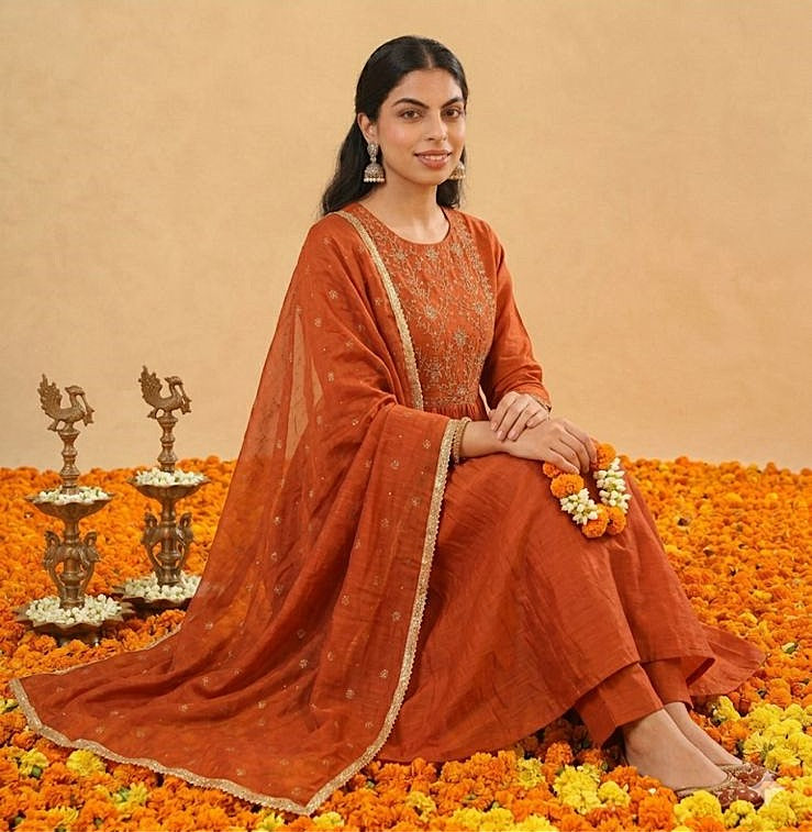 Kesari Noor - Rust Embroidered Kurta  pant Set with Dupatta