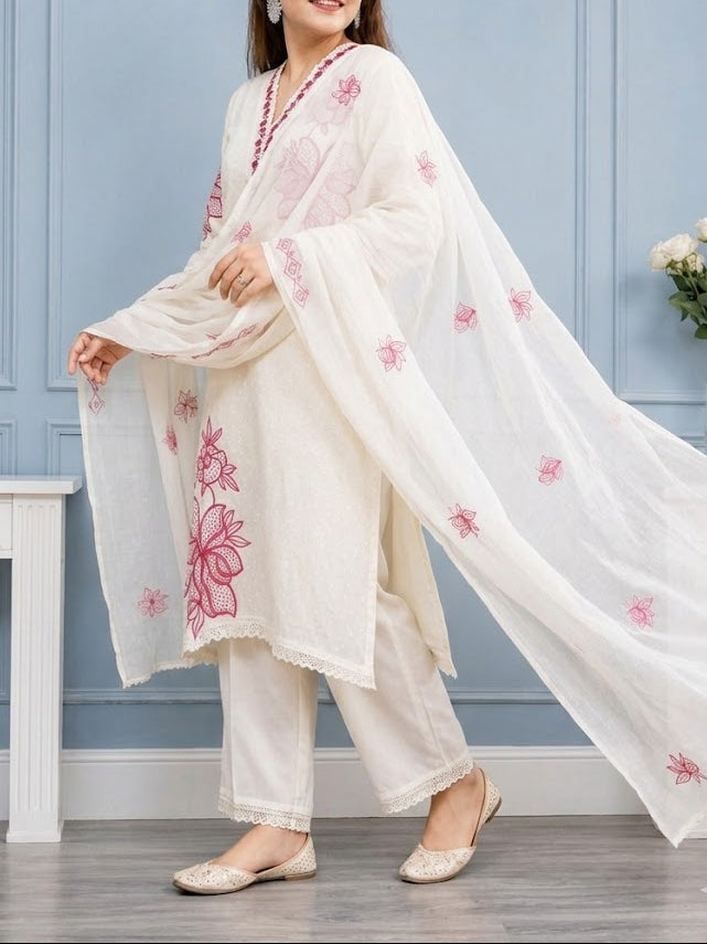 Liorvella Gulnaar Ivory Embroidered Kurta Set with Plazzo &  Dupatta