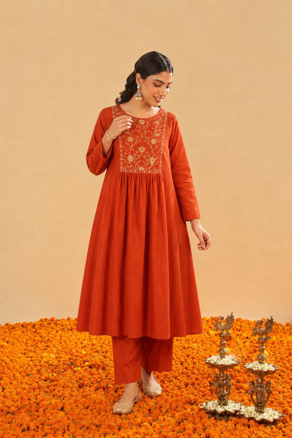 Kesari Noor - Rust Embroidered Kurta  pant Set with Dupatta