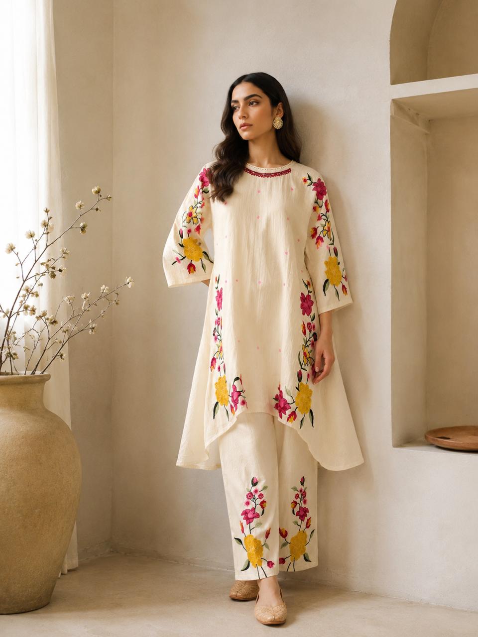 Gulbahar Ivory Floral Embroidered Co-ord  Set