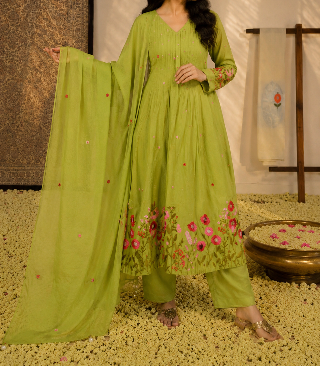 Pistachio-Bloom - Embroidered  Cotton Suit Set with Dupatta