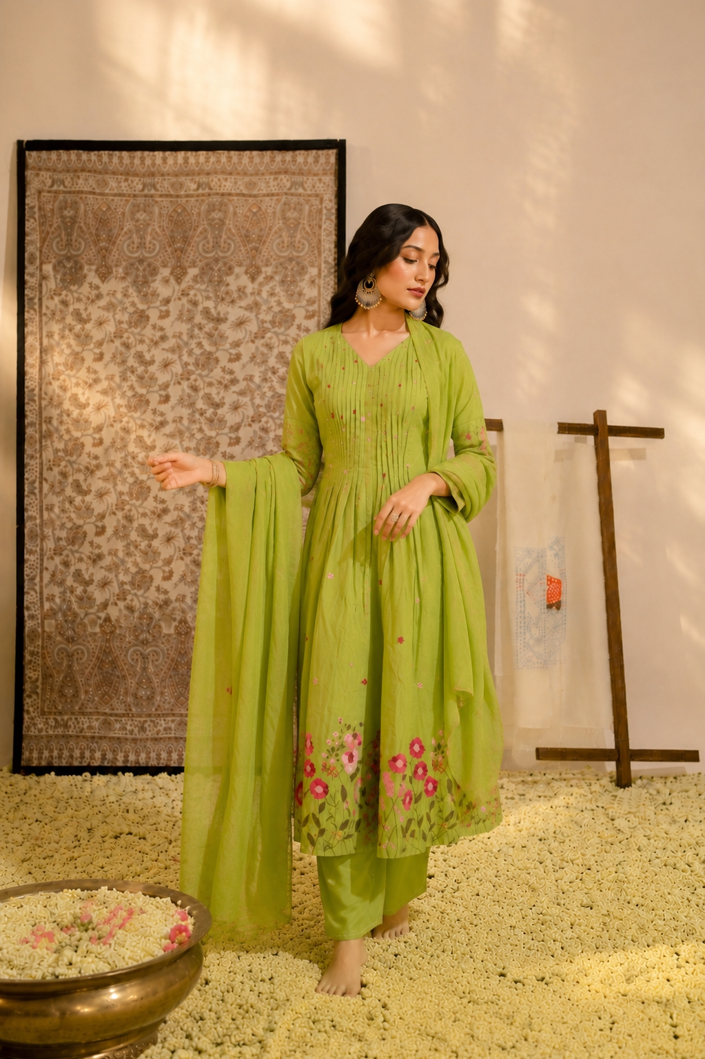 Pistachio-Bloom - Embroidered  Cotton Suit Set with Dupatta
