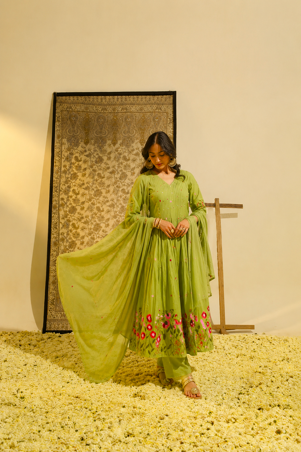 Pistachio-Bloom - Embroidered  Cotton Suit Set with Dupatta