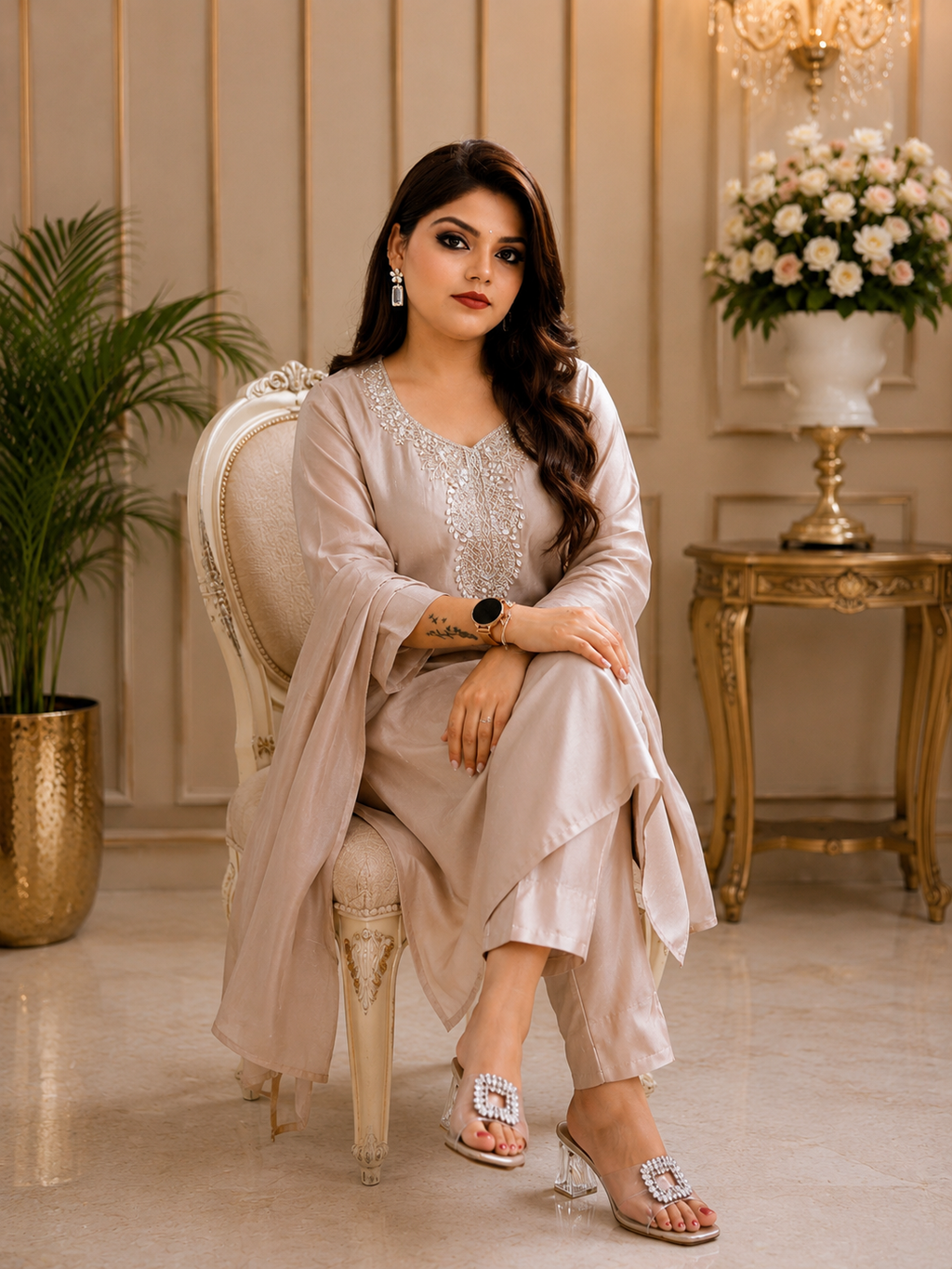 Liorvella | Blush Beige Elan  - Crafted in Pure Mul Chanderi Embroidered 3-piece suit set
