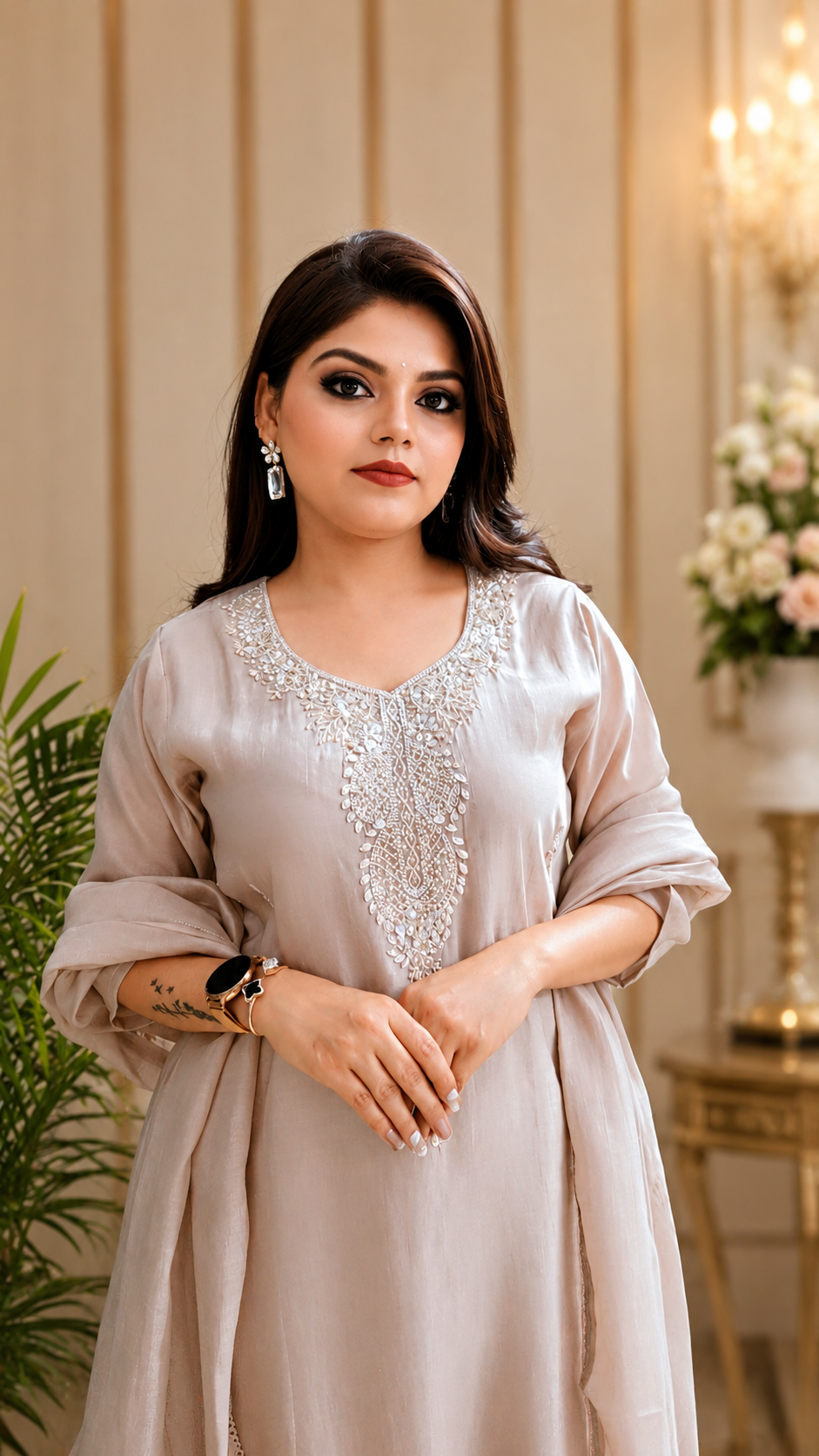 Liorvella | Blush Beige Elan  - Crafted in Pure Mul Chanderi Embroidered 3-piece suit set