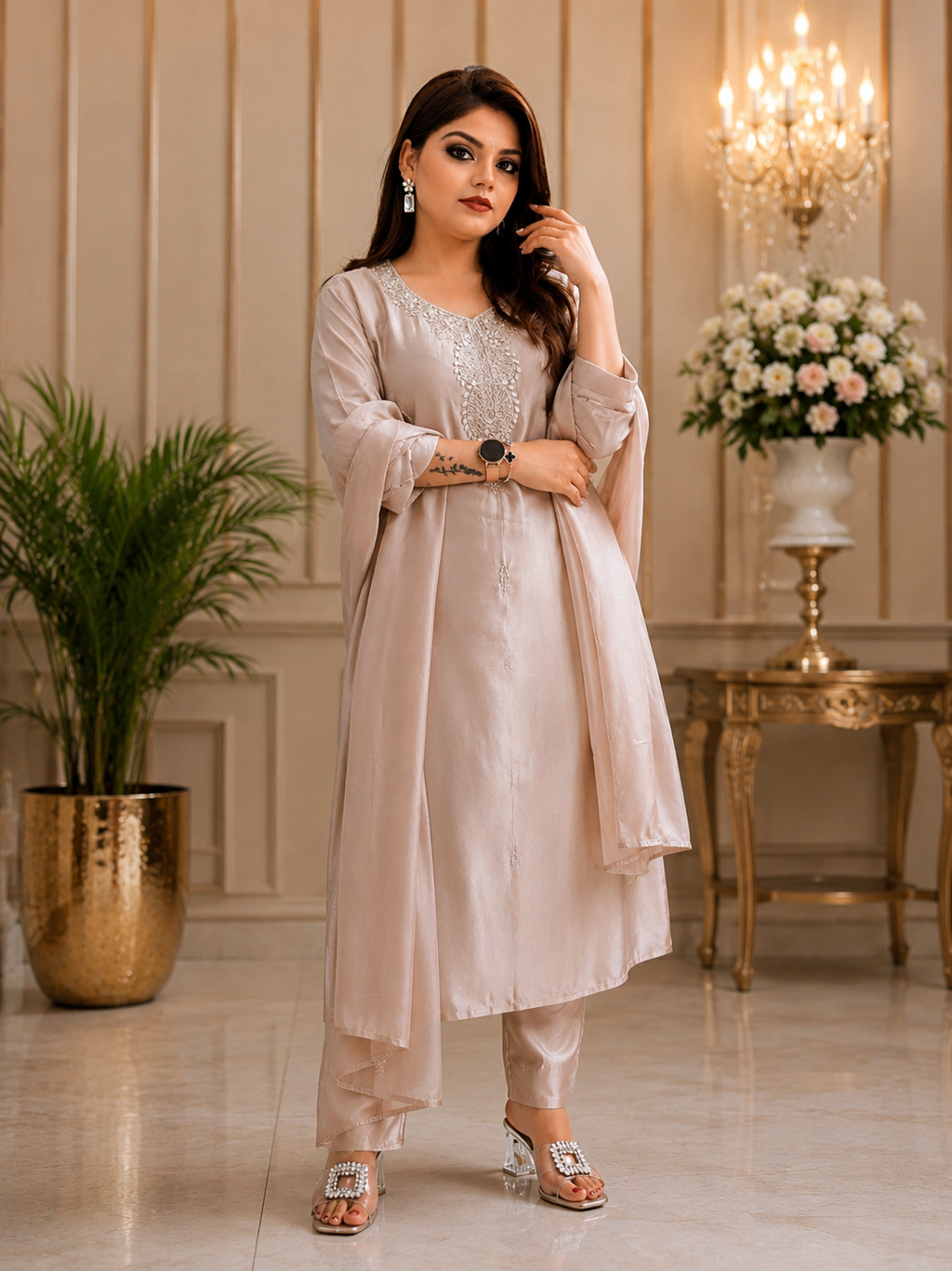 Liorvella | Blush Beige Elan  - Crafted in Pure Mul Chanderi Embroidered 3-piece suit set